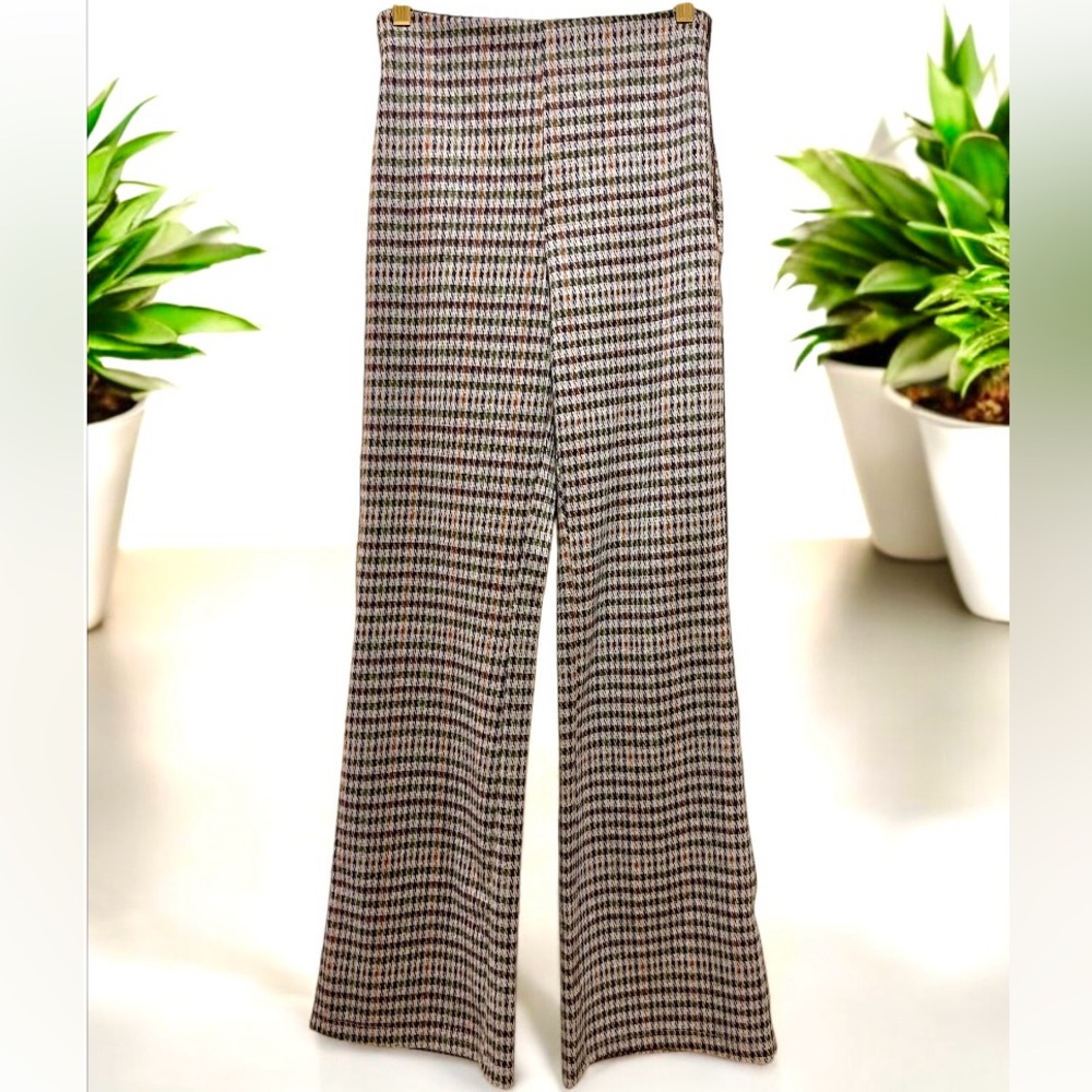 ZARA wool feel checkered brown black green wide leg trousers side zipper size S